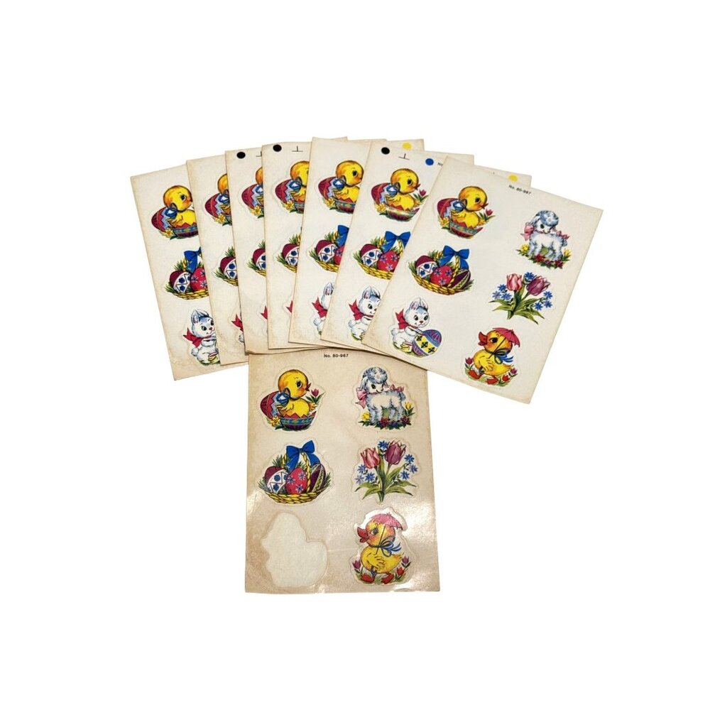 Vintage Dennison Easter Stickers Bunny Duck Lamb 8 Sheets Missing 1 Sticker
